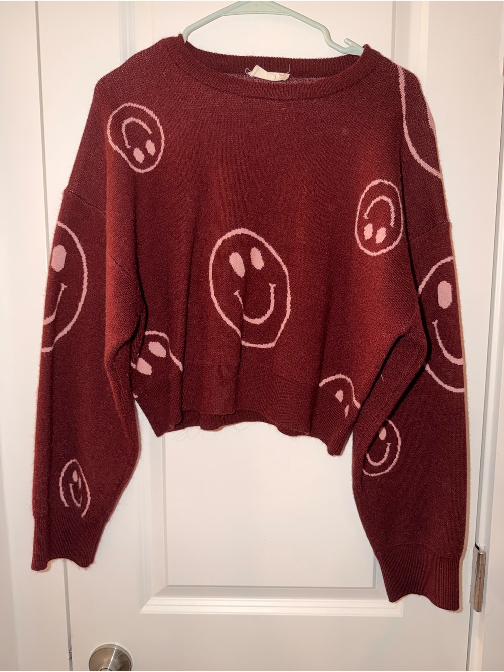 Cropped Rust Red Smiley Crewneck Sweater - Picture 2 of 6